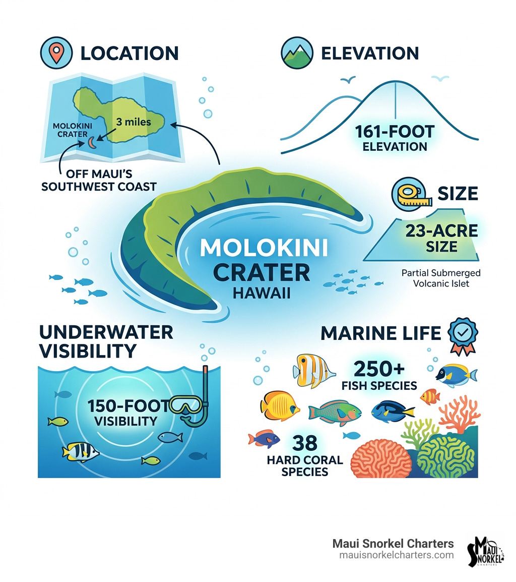 Infographic showing Molokini Crater location, 161-foot elevation, 23-acre size, 150-foot visibility, and 250+ fish species