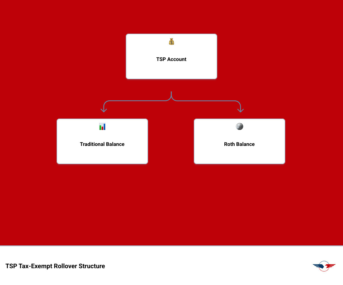 Infographic showing TSP account components: traditional balance, Roth balance, and tax-exempt contributions with rollover