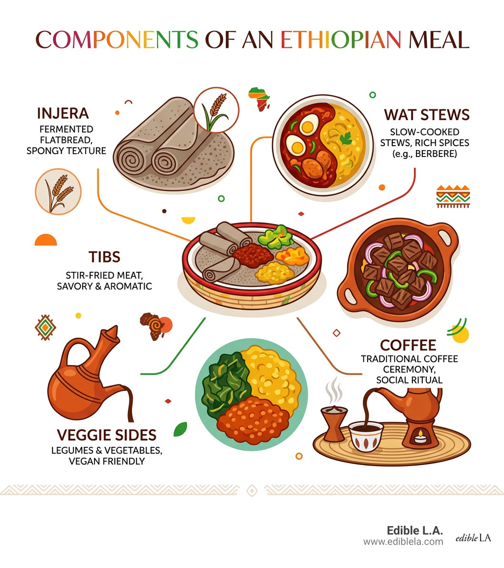 Components of an Ethiopian meal infographic: injera, wat stews, tibs, veggie sides, coffee - Ethiopian food Pasadena Components of an Ethiopian meal infographic: injera, wat stews, tibs, veggie sides, coffee - Ethiopian food Pasadena