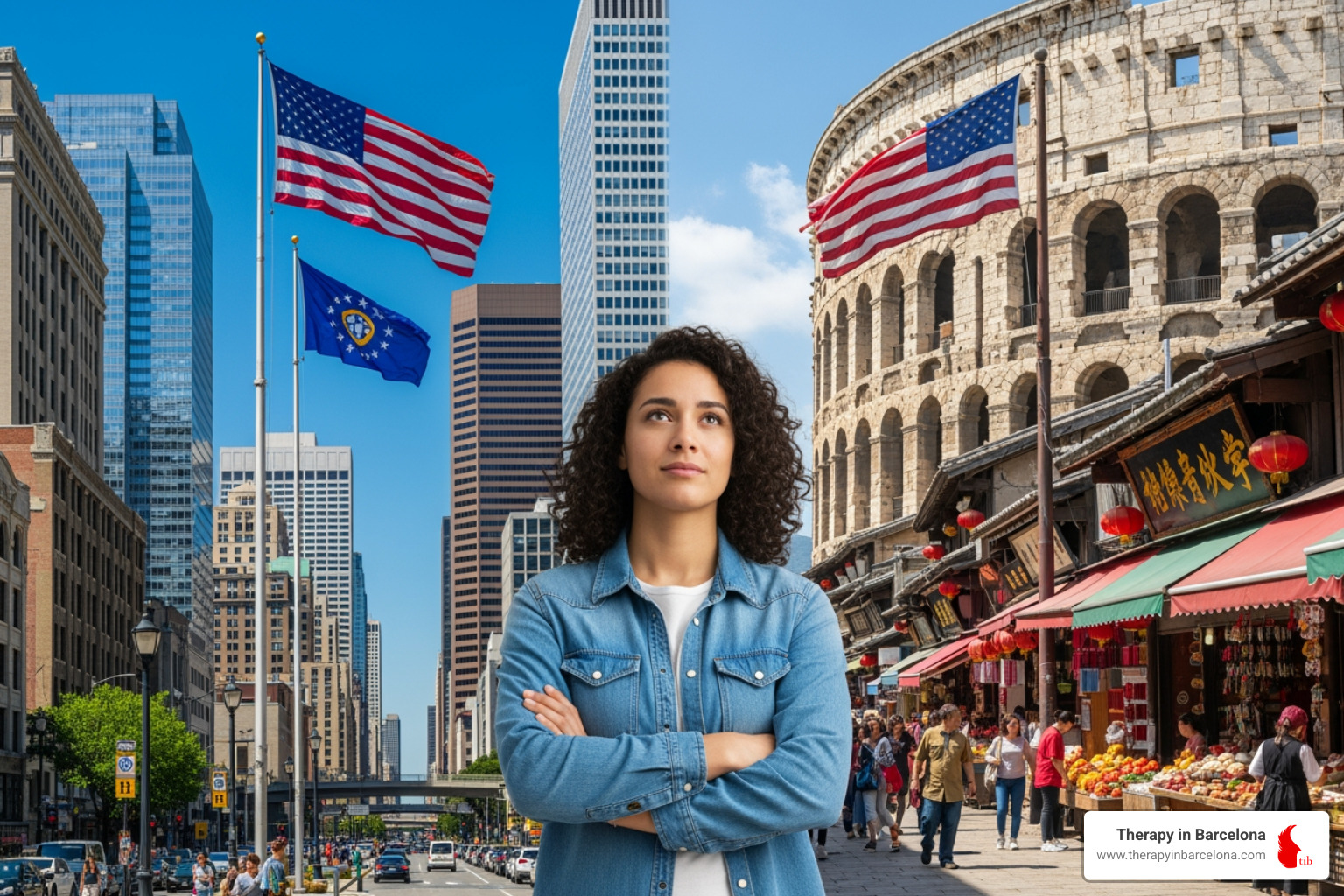person standing between two cultural landscapes, bicultural identity expat life - psychological impact of biculturalism
