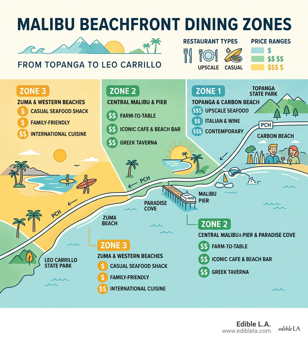 Malibu dining zones map from Topanga to Leo Carrillo with restaurant types and price ranges - malibu beach restaurants Malibu dining zones map from Topanga to Leo Carrillo with restaurant types and price ranges - malibu beach restaurants