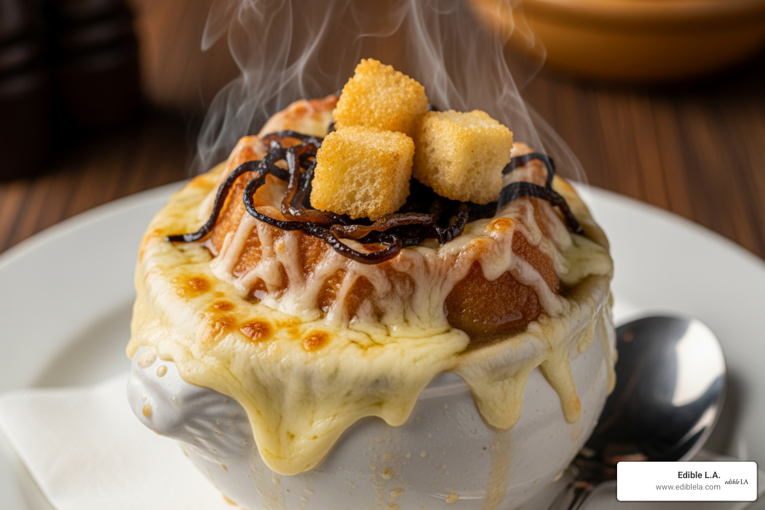 Steaming bowl of French onion soup with melted cheese - winter comfort food la