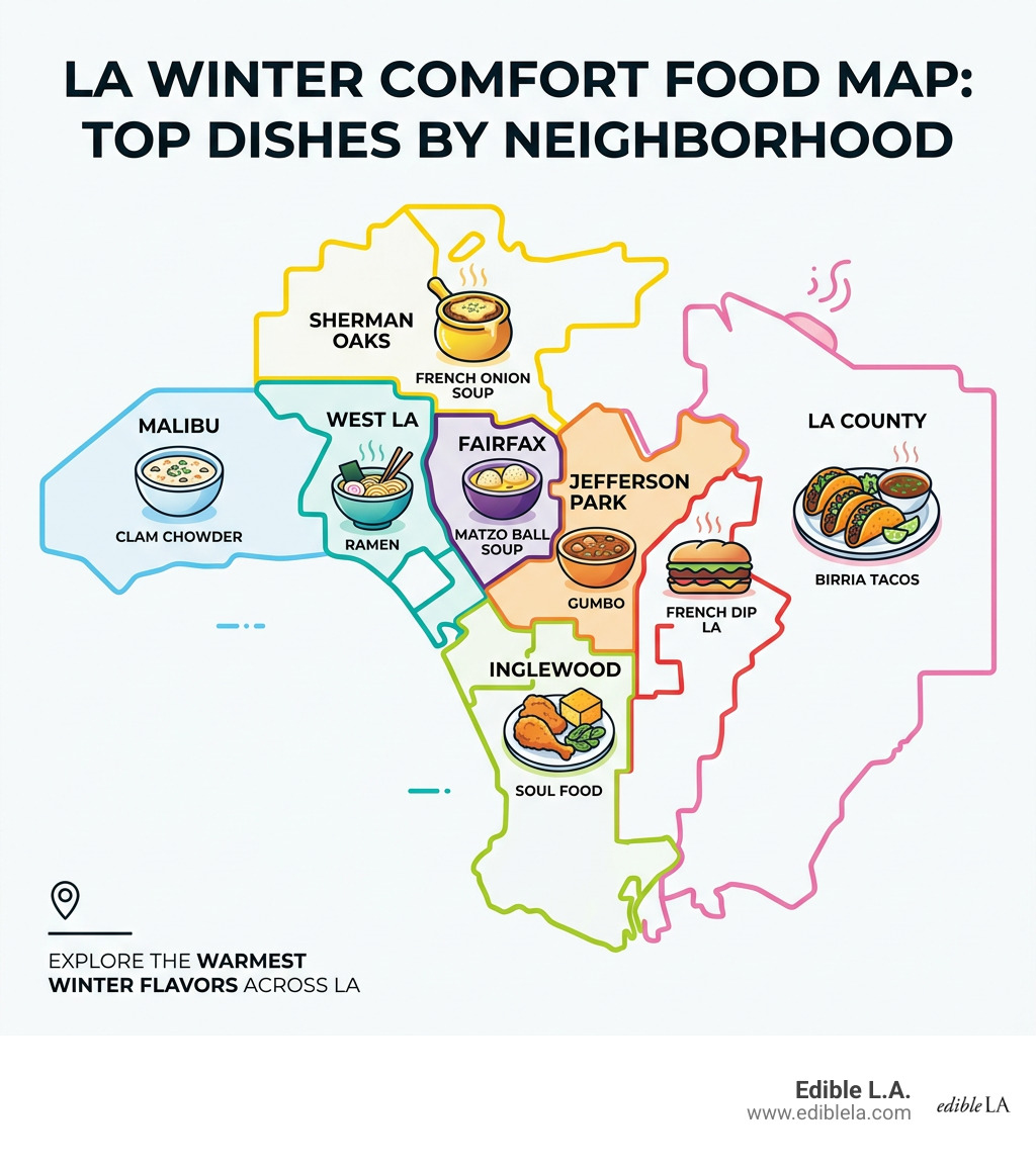 LA winter comfort food map infographic showing top dishes by neighborhood - winter comfort food la infographic 