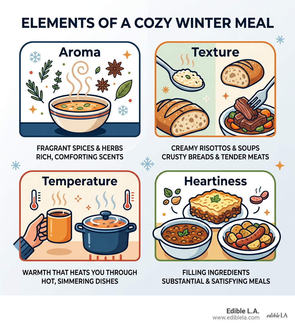 Elements of a cozy winter meal: aroma, texture, temperature, and heartiness - cozy winter meals infographic Elements of a cozy winter meal: aroma, texture, temperature, and heartiness - cozy winter meals infographic