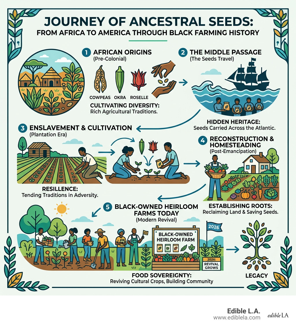 journey of ancestral seeds from Africa to America through Black farming history - black owned heirloom farms infographic 
