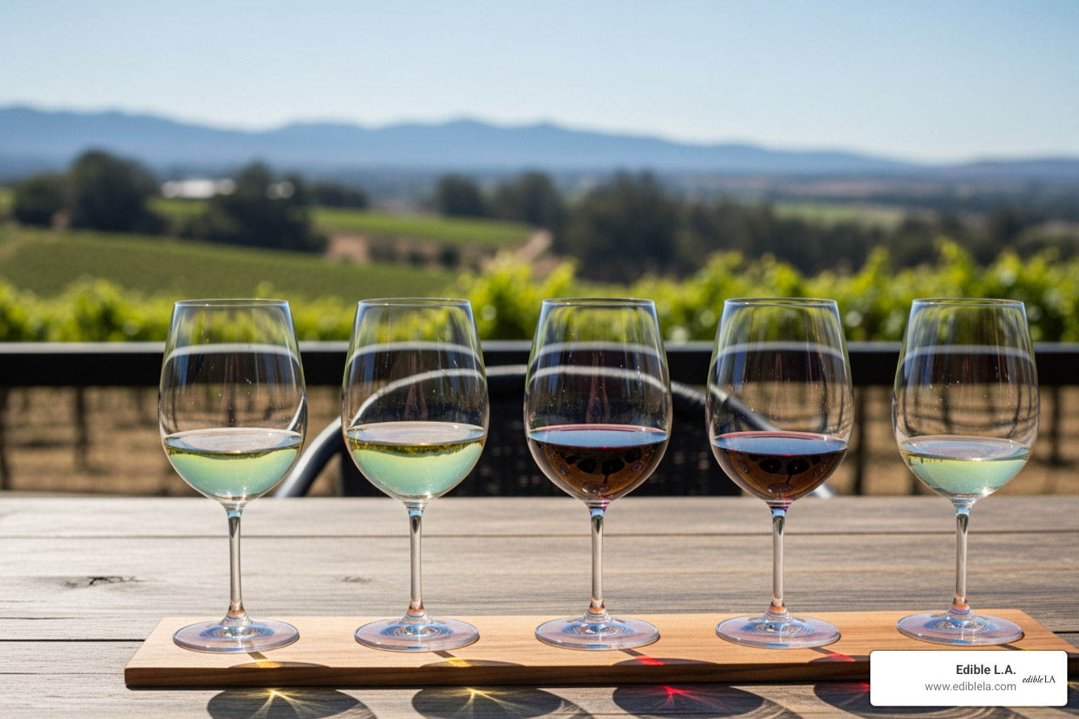 A wine flight featuring four different varietals sitting on a rustic outdoor wooden table with vineyard views - malibu wine