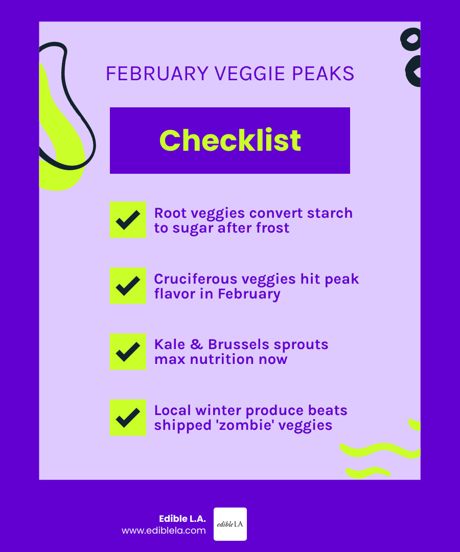 Infographic showing February seasonal vegetables by category with peak flavor and nutrition notes - what veggies are in