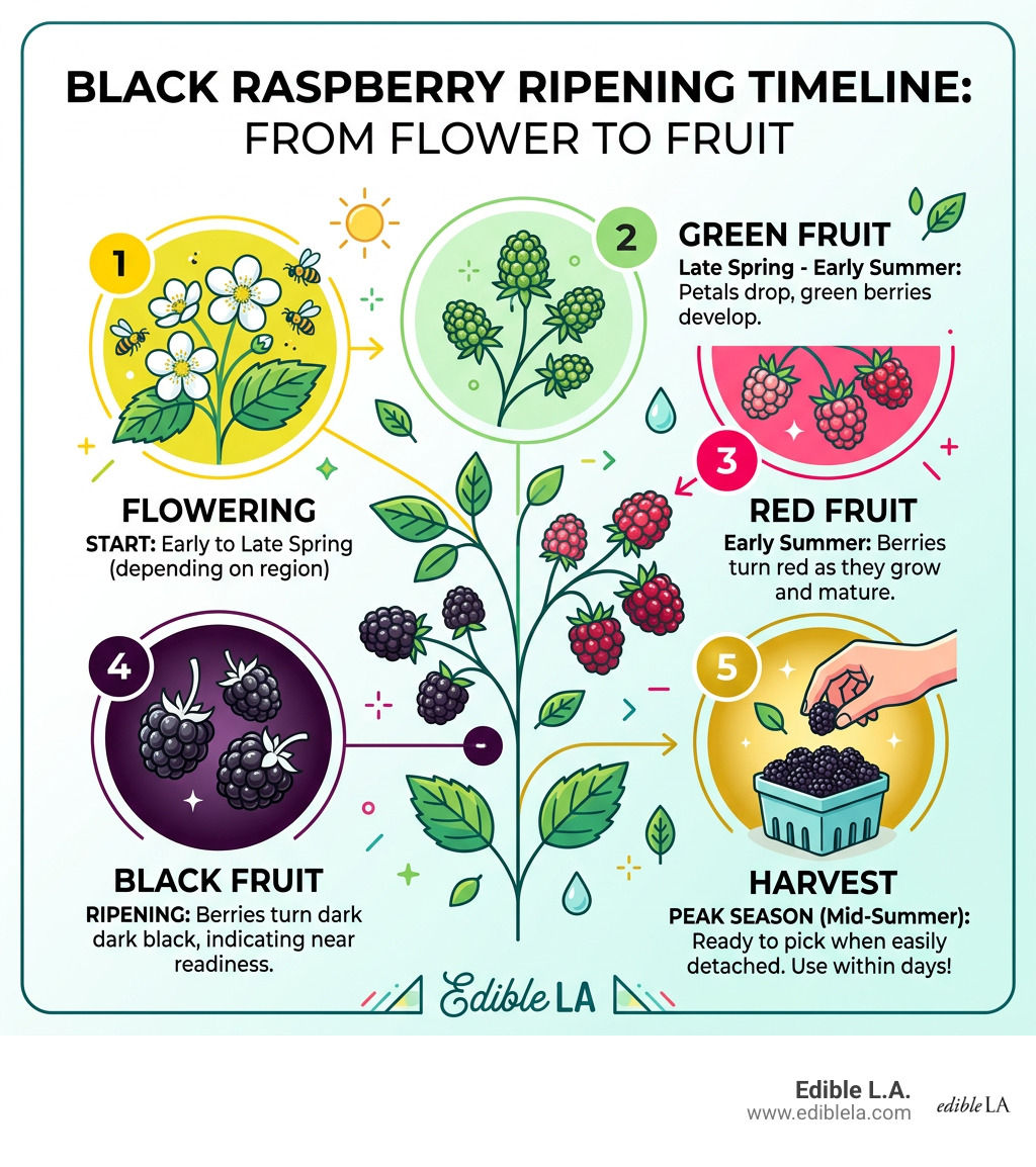 Black raspberries season ripening timeline from flower to ripe fruit infographic - black raspberries season infographic Black raspberries season ripening timeline from flower to ripe fruit infographic - black raspberries season infographic