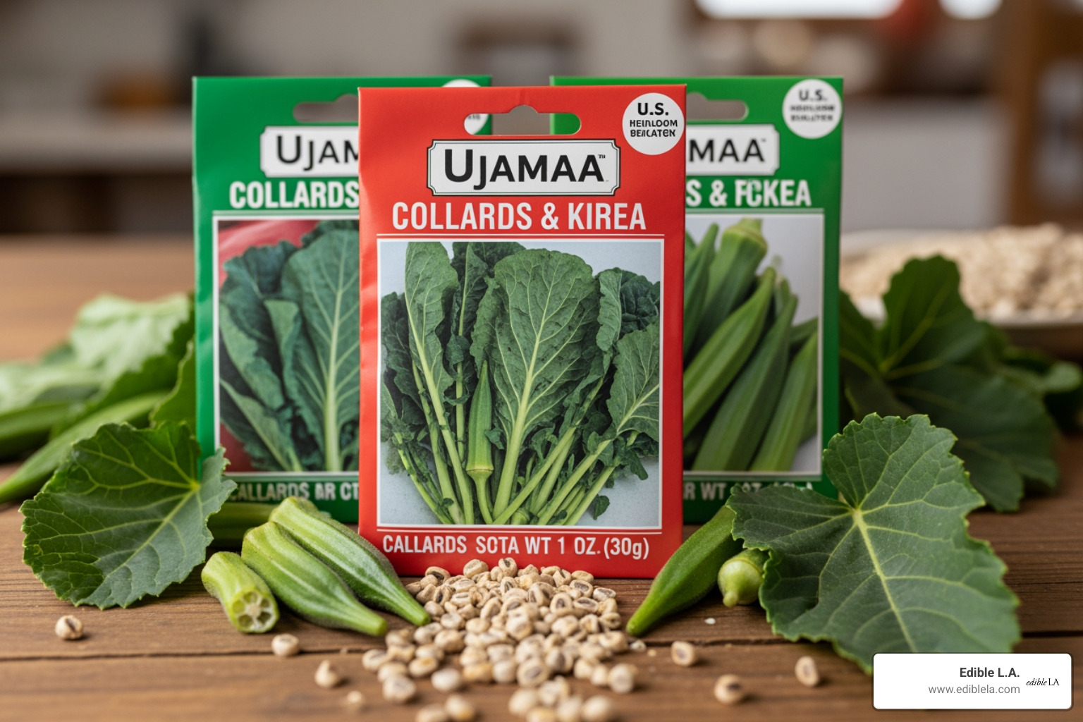 Ujamaa heirloom seed packets featuring collards and okra - black owned heirloom farms