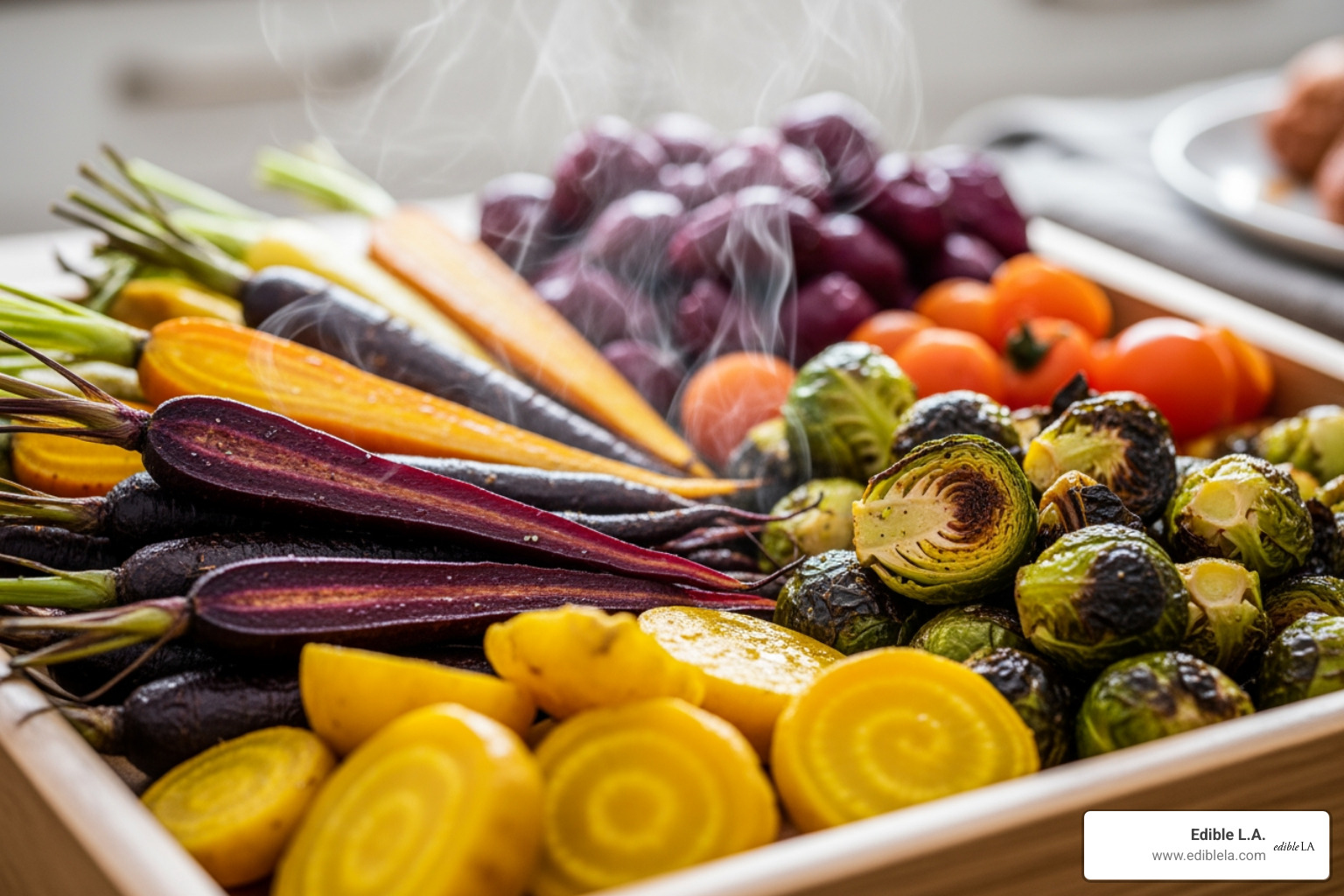 A tray of vibrant roasted winter vegetables including purple carrots, golden beets, and charred Brussels sprouts - what