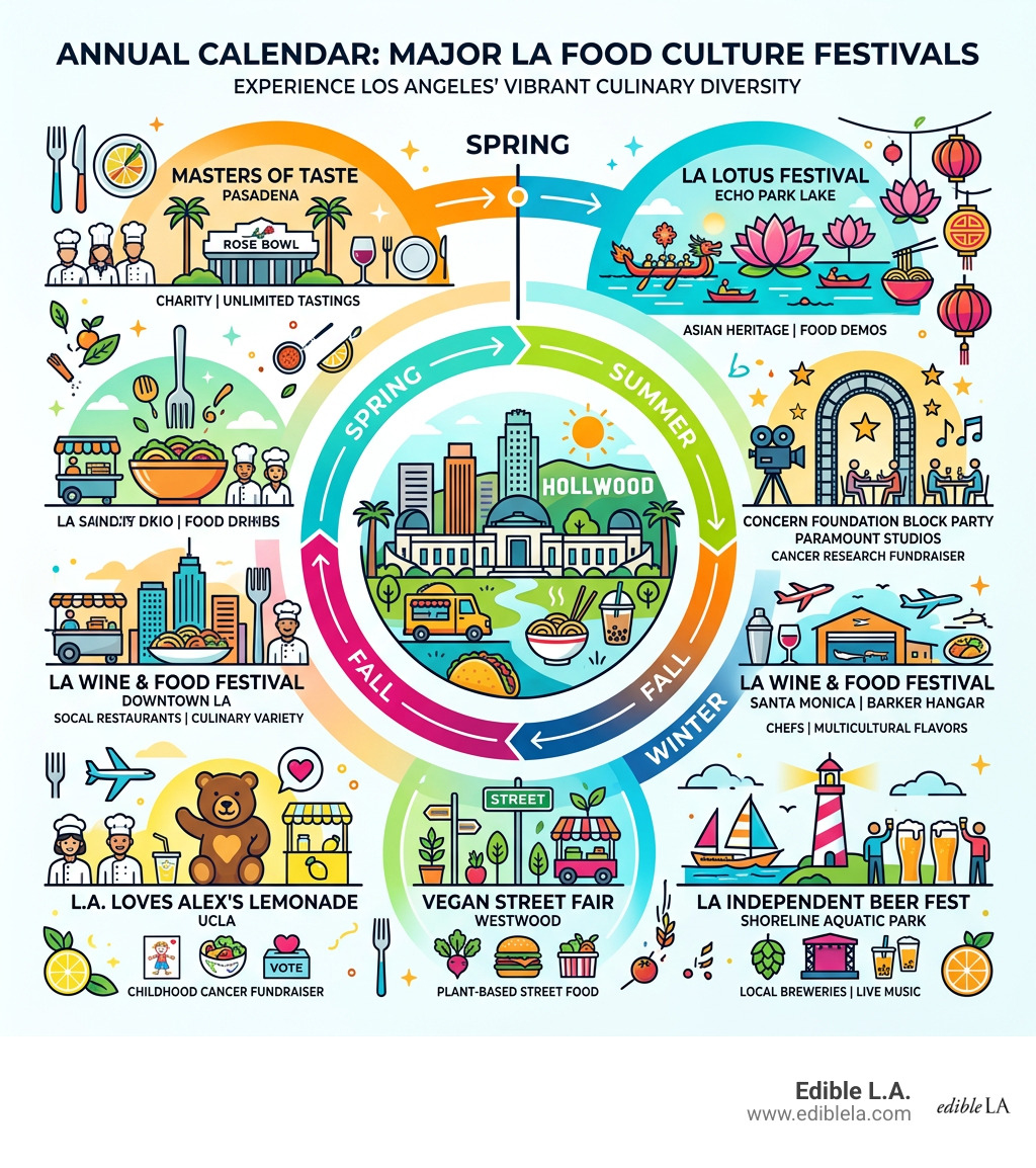 Annual calendar of major LA food culture festivals with locations and themes - la food culture festivals infographic 