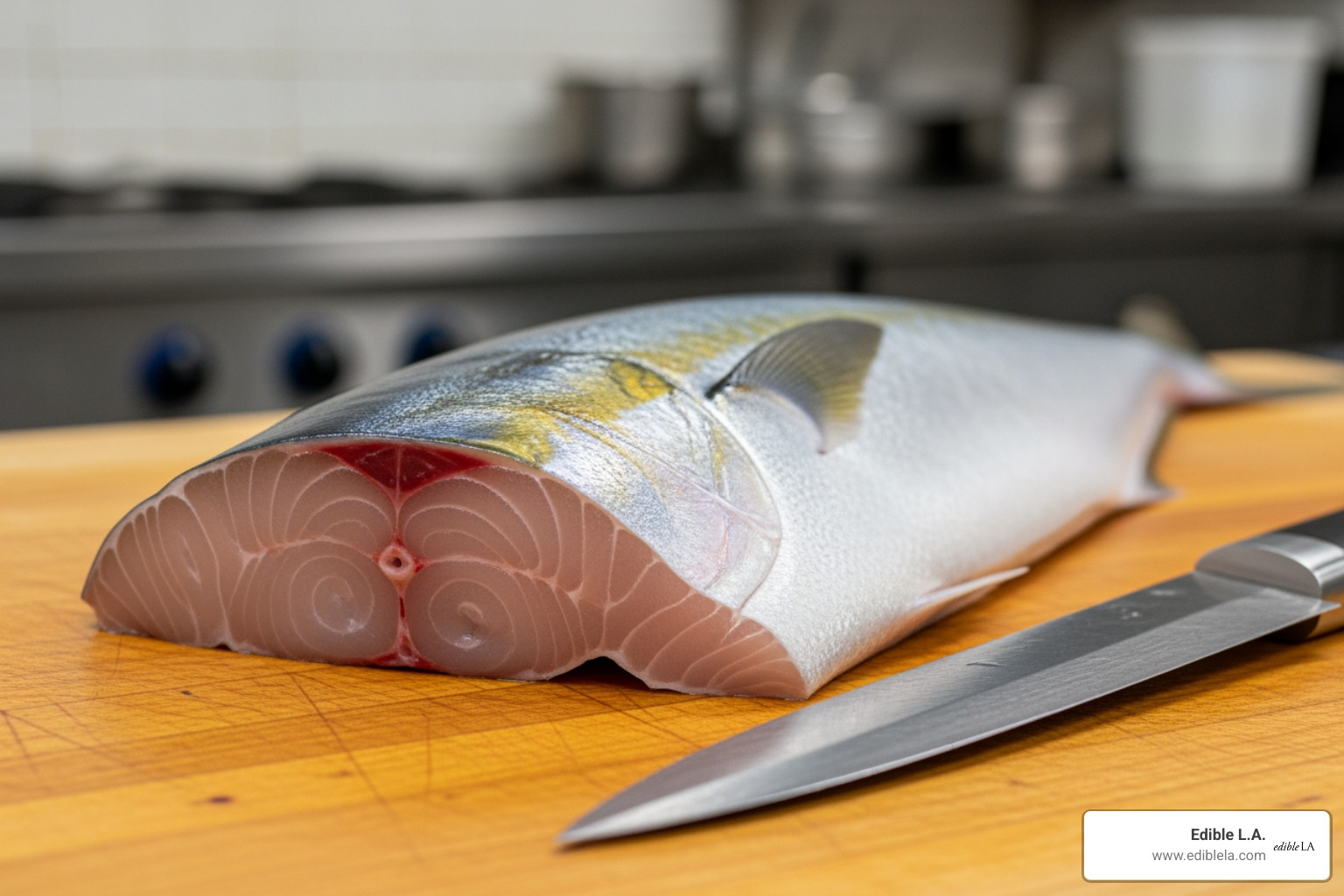 Yellowtail fish fillet on a cutting board - hamachi crudo fusion recipes