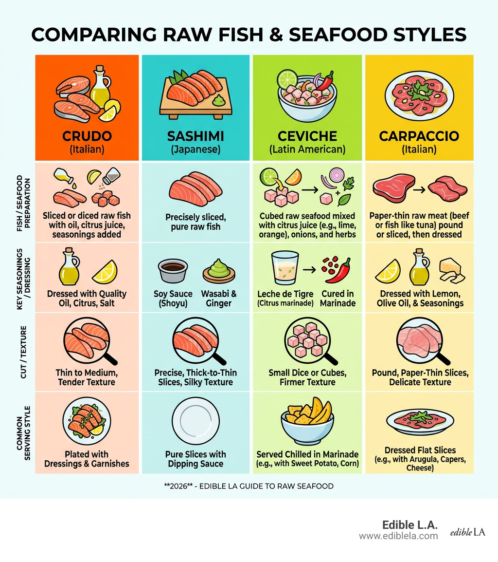 Infographic comparing crudo, sashimi, ceviche, and carpaccio preparation styles and key differences - hamachi crudo fusion
