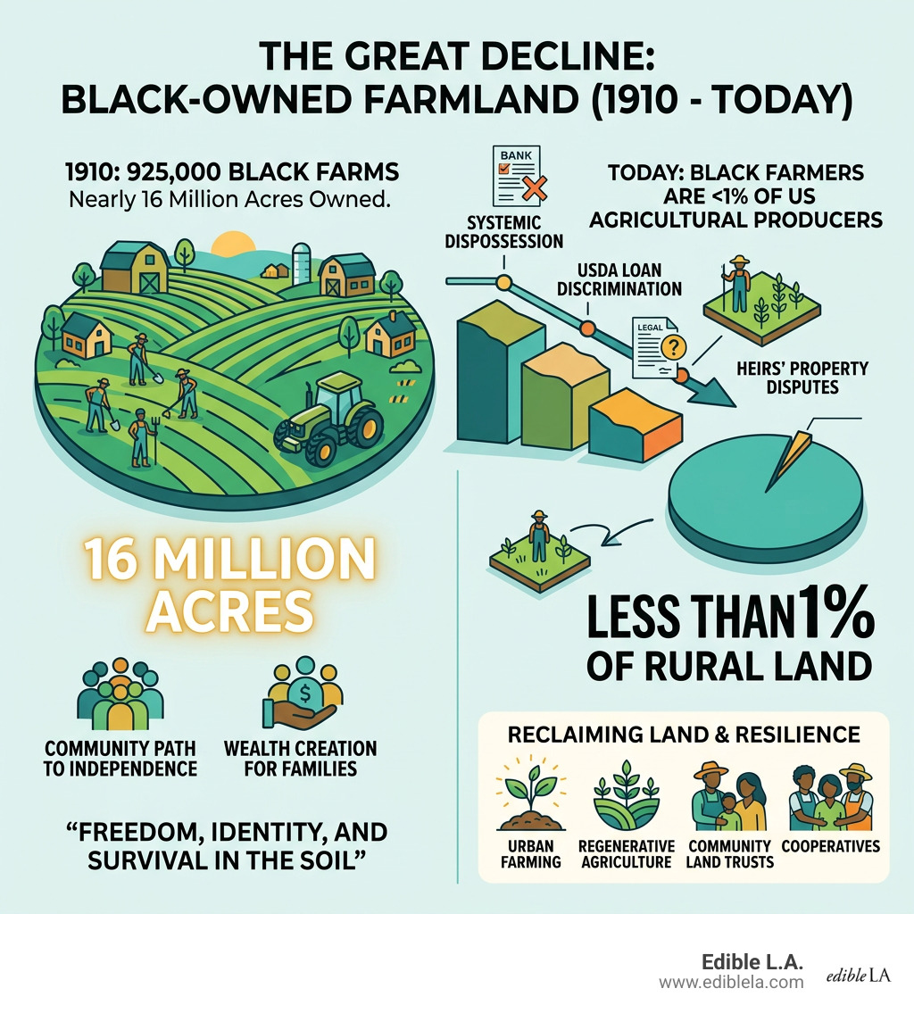 Infographic showing Black-owned farmland decline from 16 million acres in 1910 to less than 1% of rural land today - black Infographic showing Black-owned farmland decline from 16 million acres in 1910 to less than 1% of rural land today - black