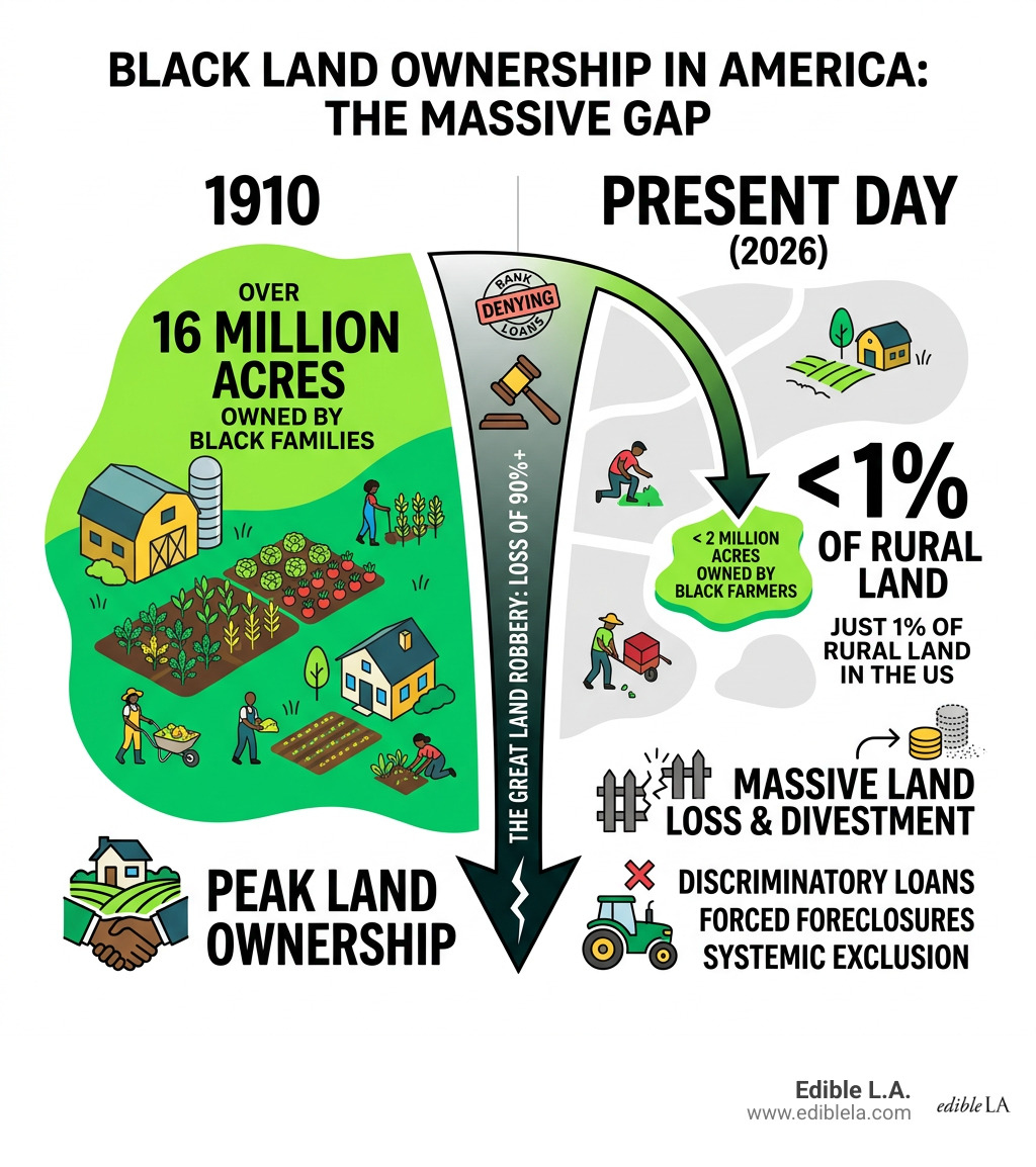 Graphic showing the massive gap between Black land ownership in 1910 versus the present day - black owned farms stories Graphic showing the massive gap between Black land ownership in 1910 versus the present day - black owned farms stories
