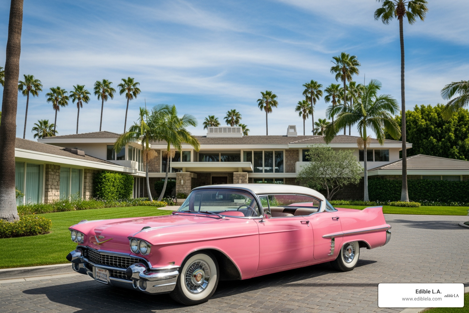Vintage 1957 Cadillac in front of a luxury estate representing prestige and mid-century glamour - beverly hills print ads