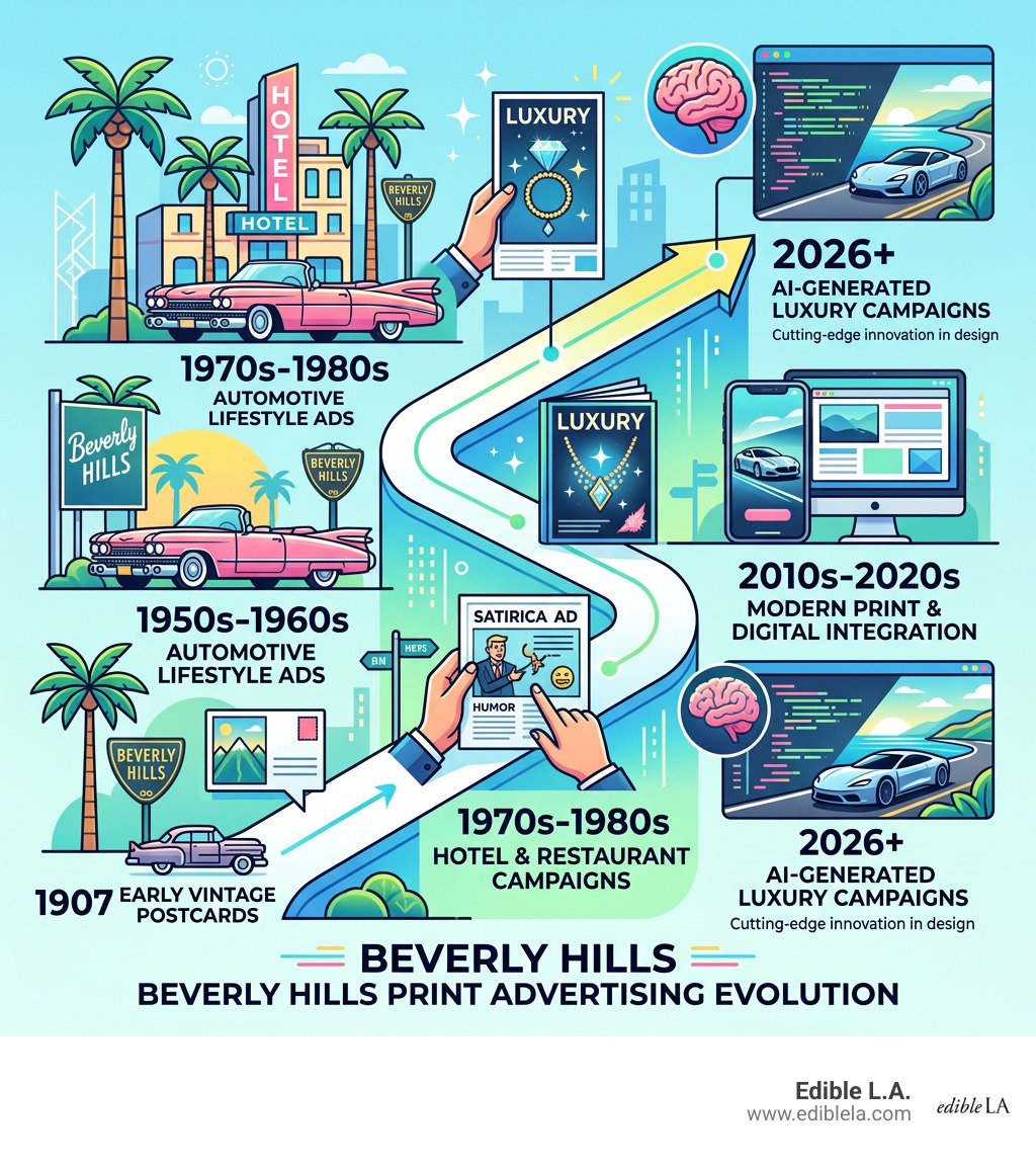Evolution of Beverly Hills luxury print advertising from 1907 Cadillac postcards to AI-generated campaigns - beverly hills