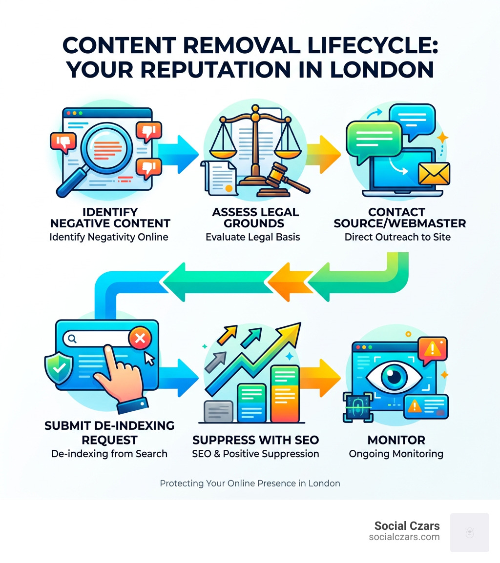 Infographic showing the content removal lifecycle: Identify negative content → Assess legal grounds → Contact
