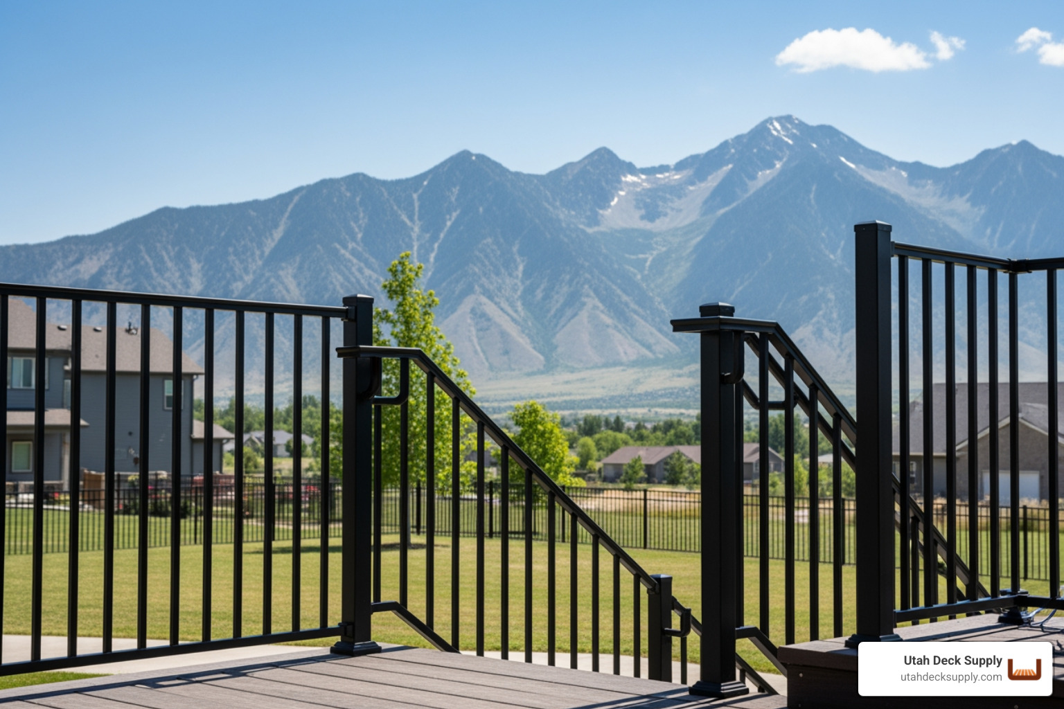 a code-compliant staircase with black aluminum railing in a Utah backyard during the afternoon - Outdoor stair railing a code-compliant staircase with black aluminum railing in a Utah backyard during the afternoon - Outdoor stair railing