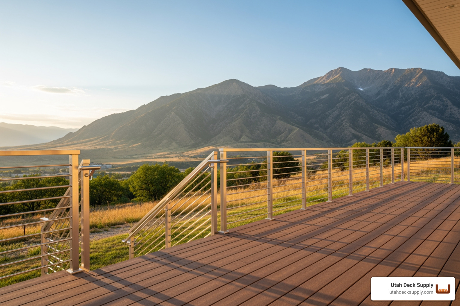 outdoor stair railing on a modern Utah deck at sunset - Outdoor stair railing outdoor stair railing on a modern Utah deck at sunset - Outdoor stair railing