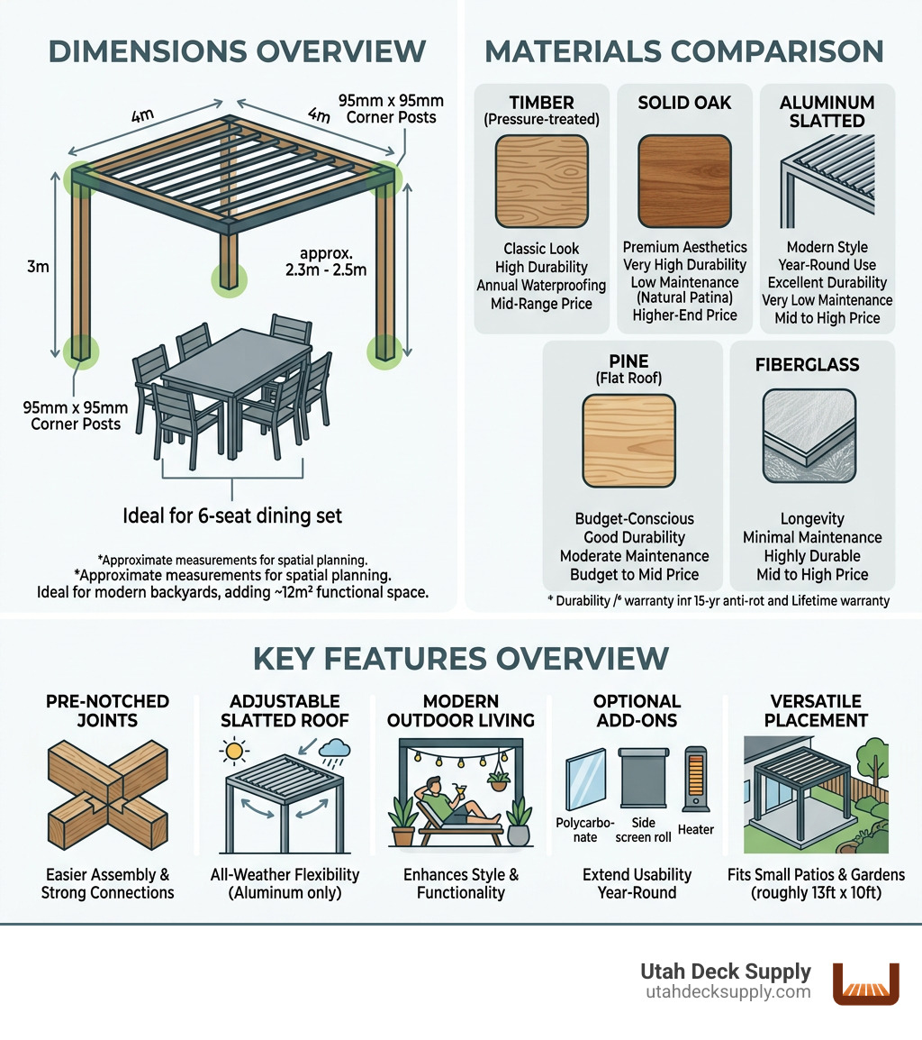 Infographic showing 4m x 3m pergola dimensions, materials comparison, and key features overview - 4m x 3m pergola kit Infographic showing 4m x 3m pergola dimensions, materials comparison, and key features overview - 4m x 3m pergola kit