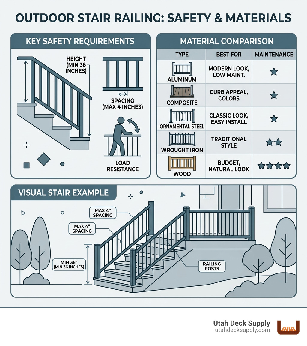 infographic showing outdoor stair railing height, baluster spacing, and material comparison - Outdoor stair railing infographic showing outdoor stair railing height, baluster spacing, and material comparison - Outdoor stair railing