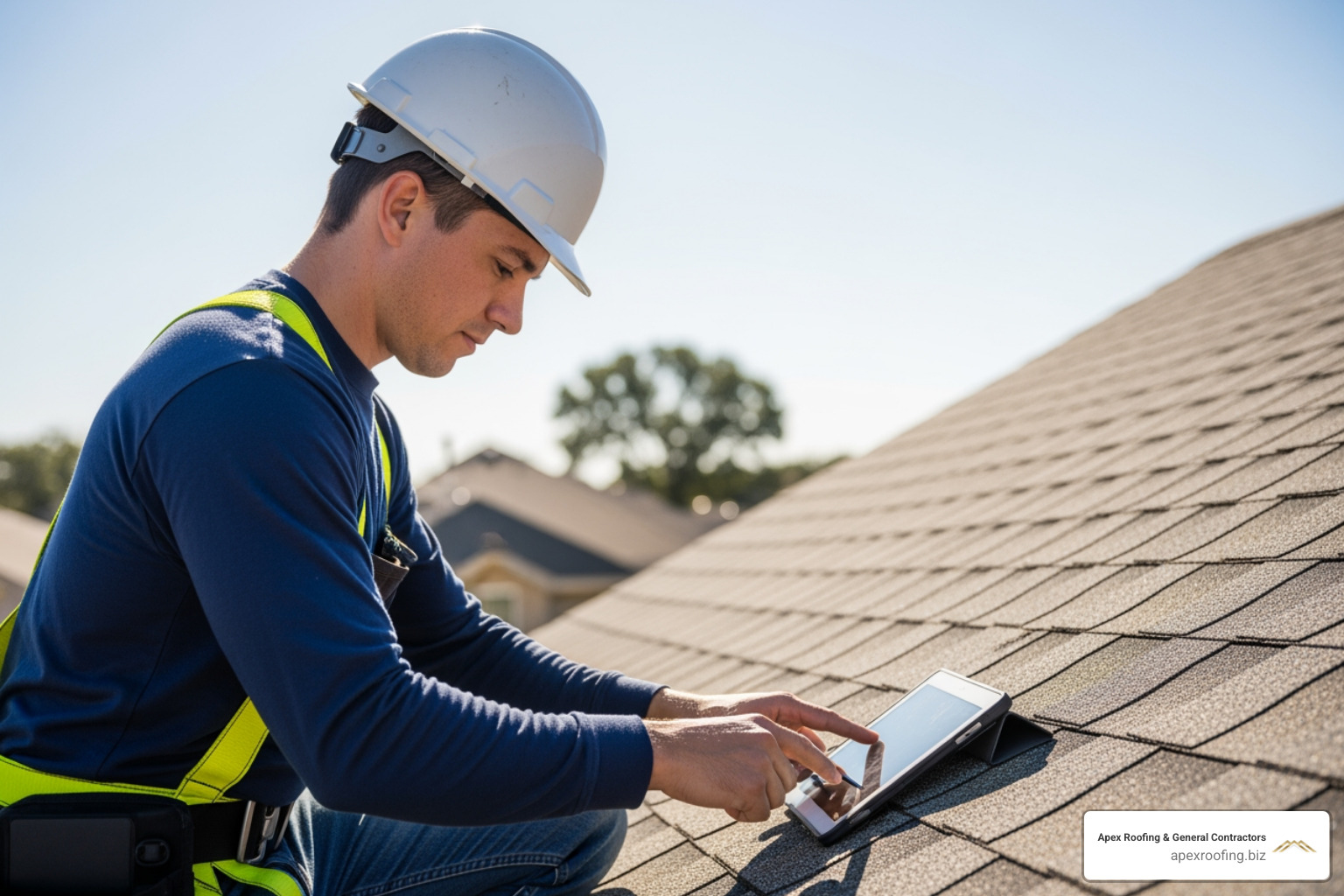 Roofing contractor using a digital tablet to document shingle damage for an insurance claim - roof claim assistance