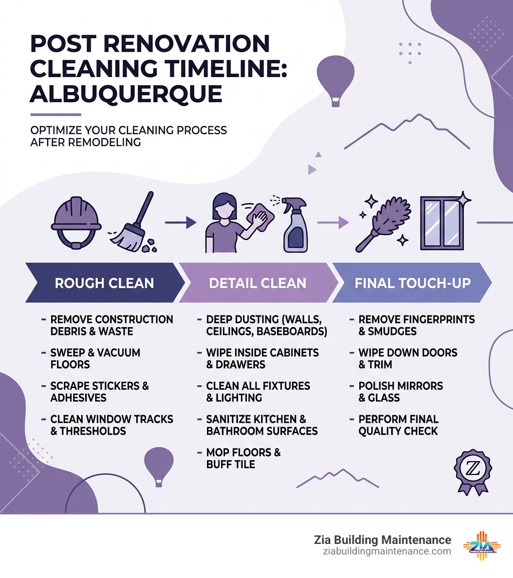 Post renovation cleaning timeline infographic showing rough clean, detail clean, and final touch-up phases - post renovation Post renovation cleaning timeline infographic showing rough clean, detail clean, and final touch-up phases - post renovation