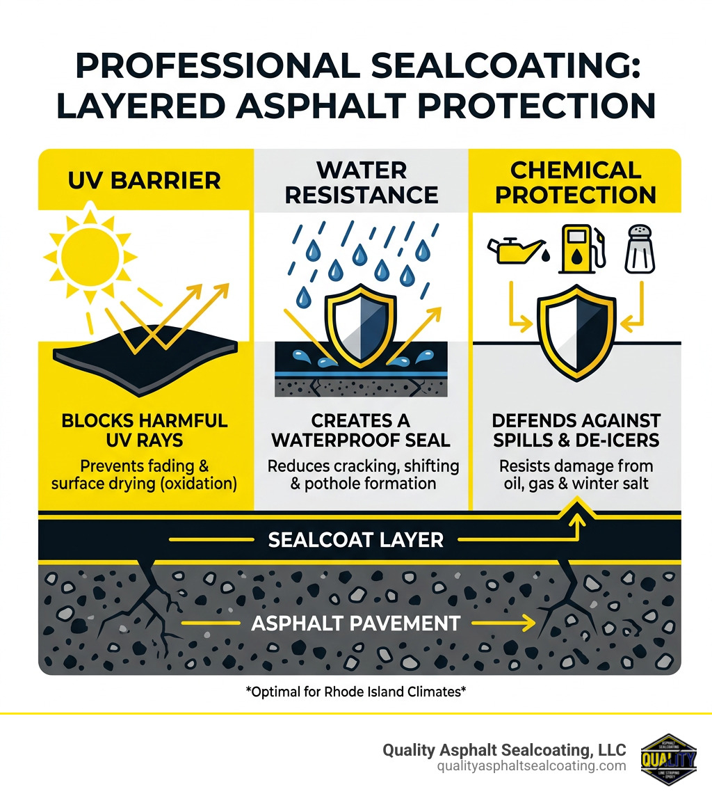 Infographic showing layers of asphalt protection from sealcoating including UV barrier, water resistance, and chemical