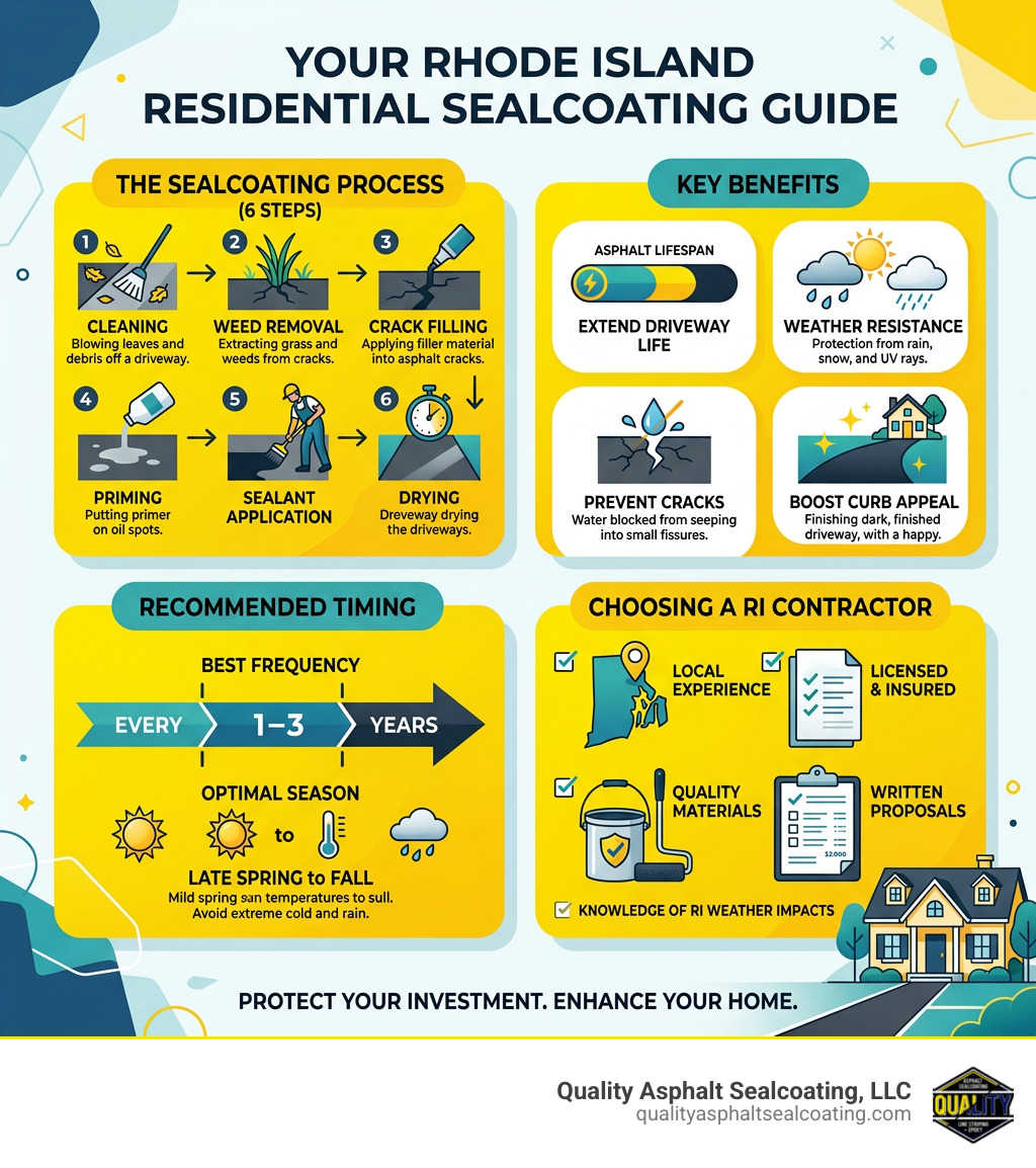 Infographic showing residential sealcoating process steps, benefits, timing, and what to look for in a RI contractor