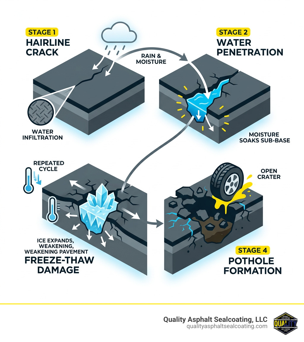 Infographic showing the lifecycle of a pothole from hairline crack to full crater with stages labeled - asphalt pothole