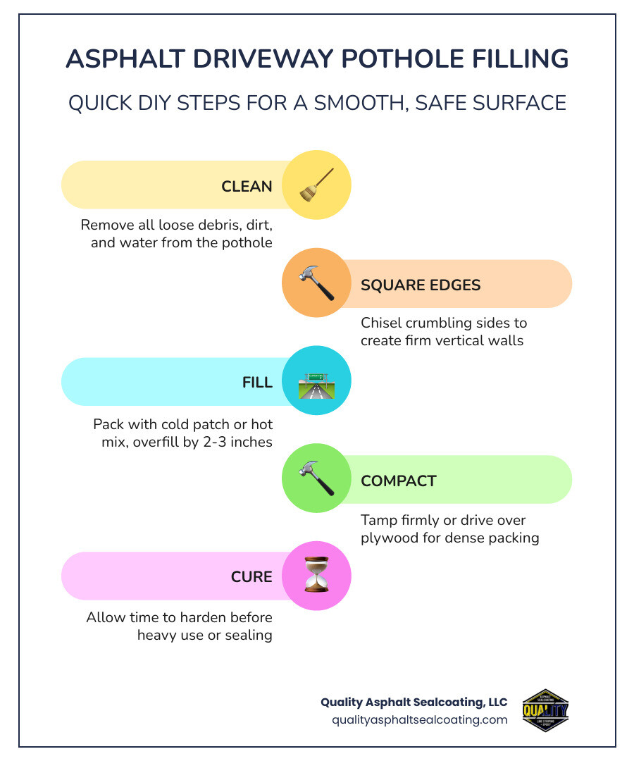 Infographic showing 5 steps of asphalt driveway pothole filling with freeze-thaw cycle diagram - asphalt driveway pothole