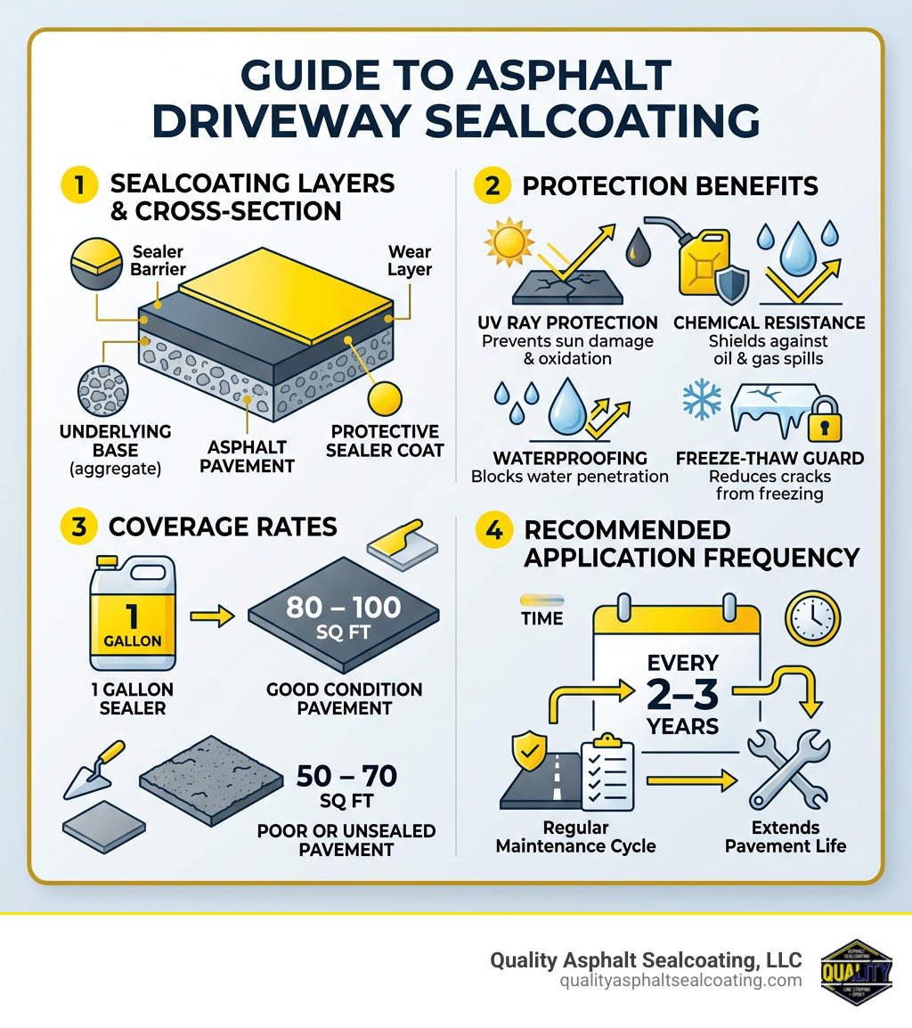 Infographic showing sealcoating layers, protection benefits, coverage rates, and recommended application frequency