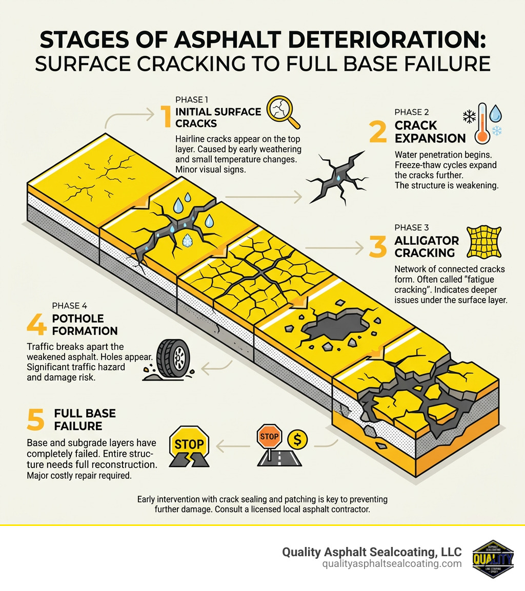 Stages of asphalt deterioration from surface cracking to full base failure - asphalt pavement repair RI infographic 