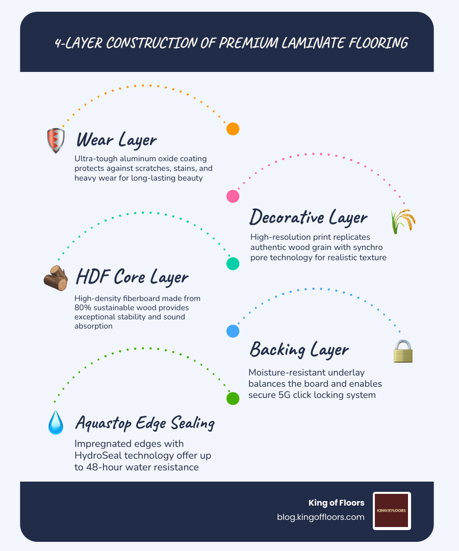Infographic showing the 4-layer construction of Kronoswiss laminate flooring with labels and benefits - Kronoswiss Laminate