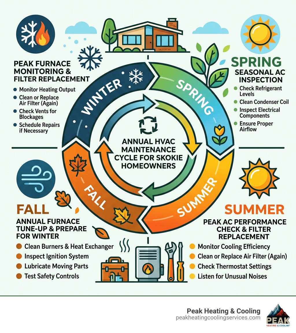 Annual HVAC maintenance cycle for Skokie homeowners showing seasonal tasks and checkpoints - heating and cooling skokie
