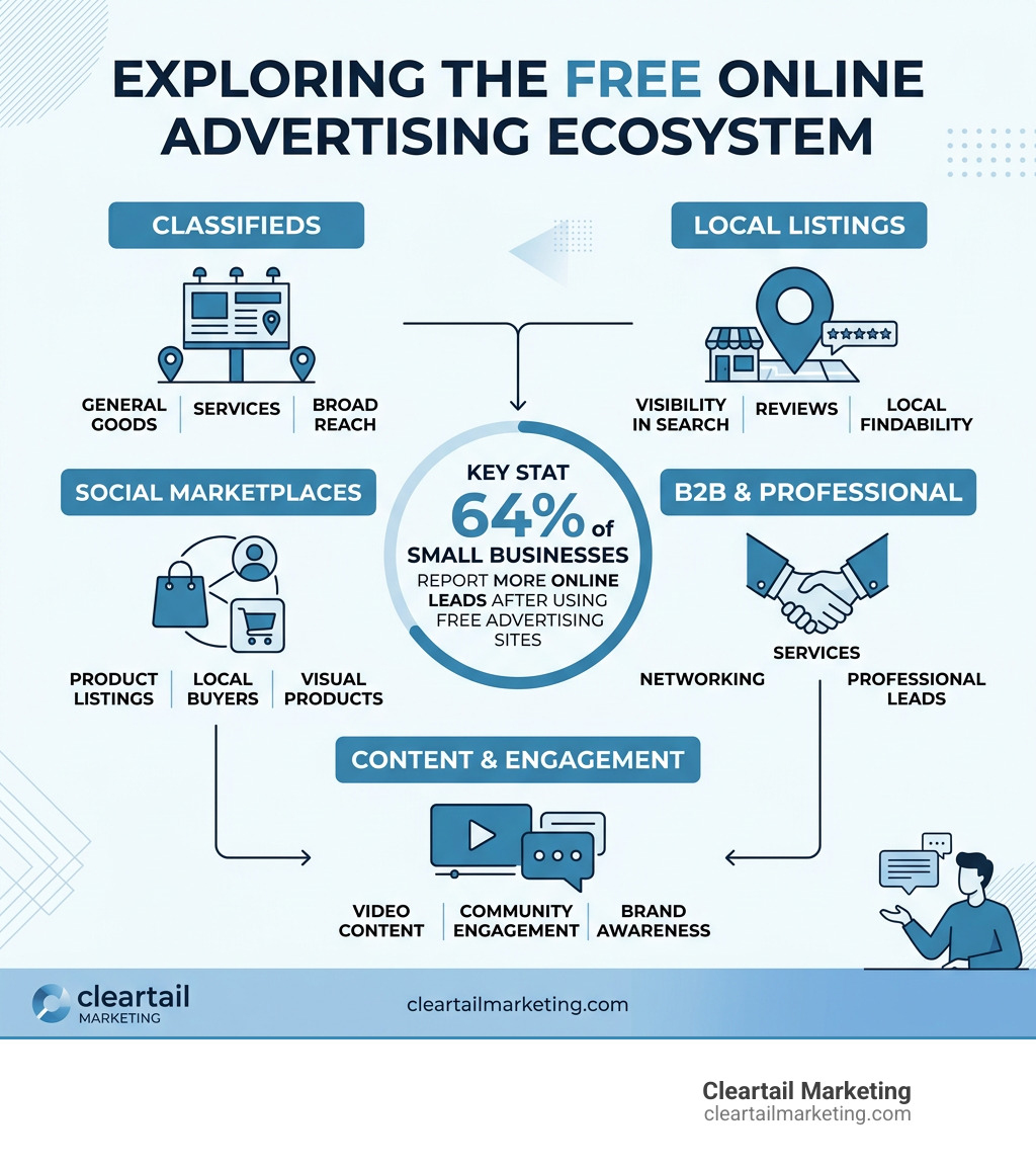 Infographic showing the free online advertising ecosystem with platform categories and key stats - online free advertising
