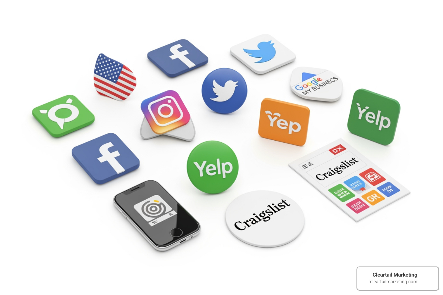 Icons of social media platforms, business directories, and classified sites representing platform diversity - online free