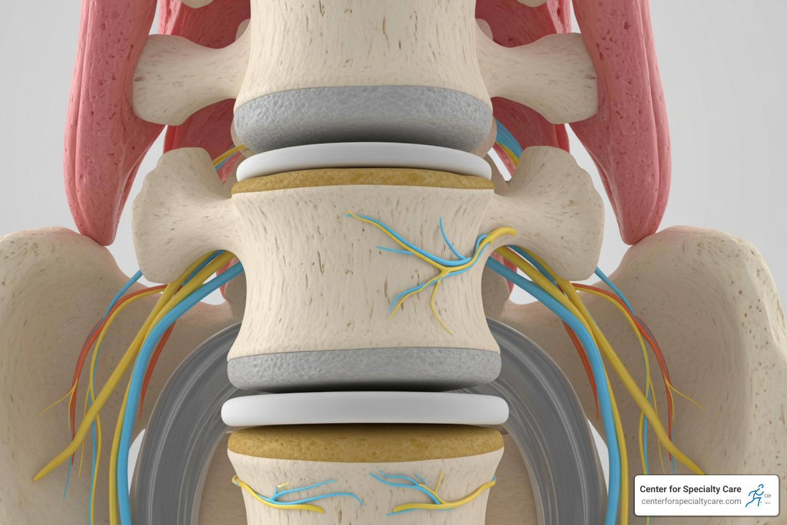 Detailed view of spinal vertebrae highlighting the vertebral endplates and basivertebral nerve - intracept procedure pros