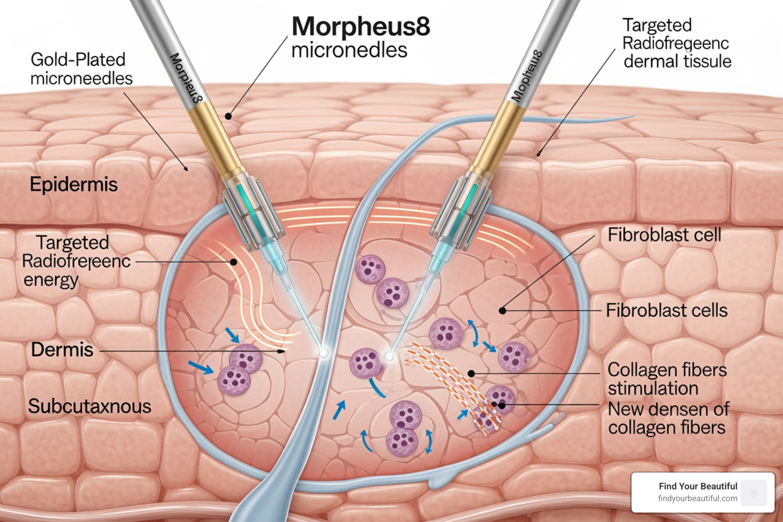 Diagram showing Morpheus8 needles penetrating the skin and emitting RF energy to stimulate fibroblasts - morpheus8 results