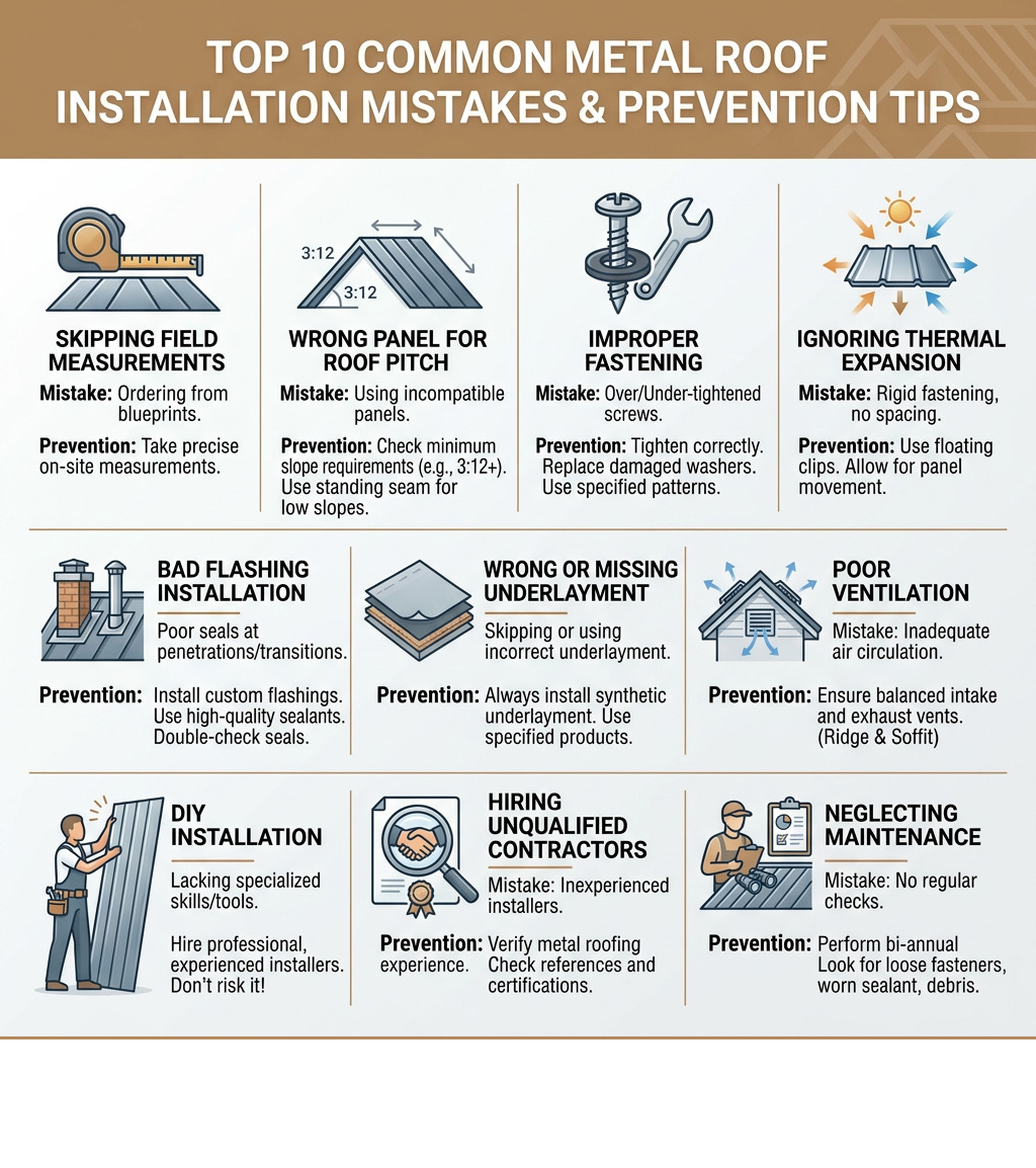 Common metal roof installation mistakes infographic with top 10 errors and prevention tips - metal roof installation Common metal roof installation mistakes infographic with top 10 errors and prevention tips - metal roof installation