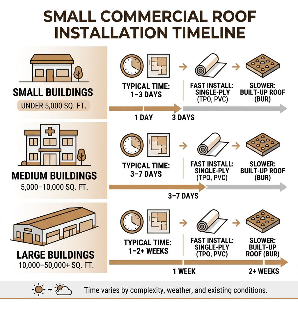 Infographic showing small commercial roof installation timeline from 1 day to 2+ weeks by building size and material type Infographic showing small commercial roof installation timeline from 1 day to 2+ weeks by building size and material type