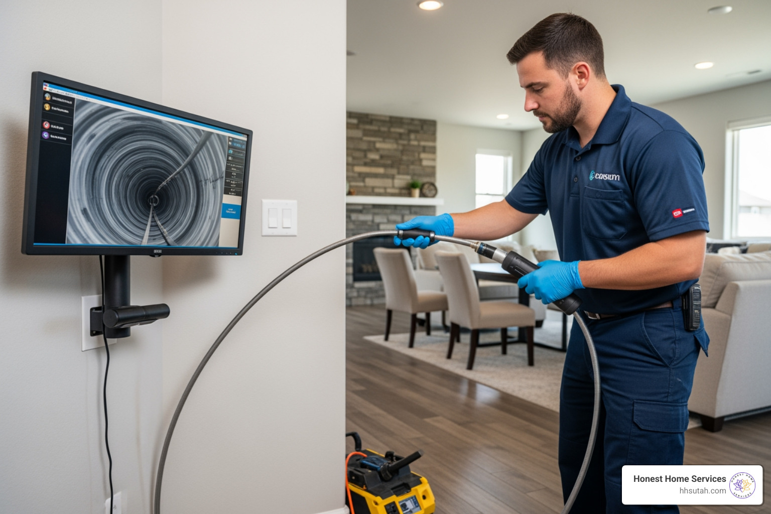 Technician performing a high-tech sewer camera inspection in a Draper home - sewer line repair draper Technician performing a high-tech sewer camera inspection in a Draper home - sewer line repair draper