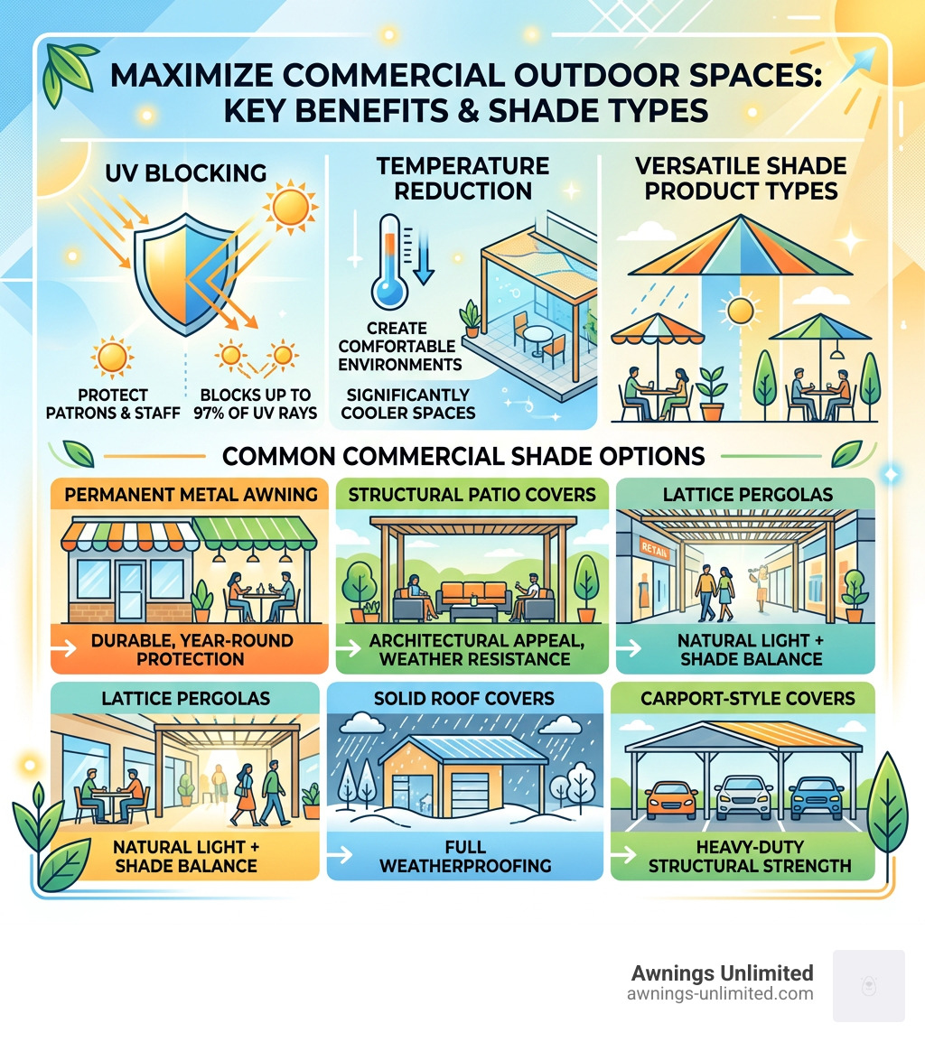 Infographic showing UV blocking, temperature reduction, and shade product types for commercial spaces - Commercial shade Infographic showing UV blocking, temperature reduction, and shade product types for commercial spaces - Commercial shade