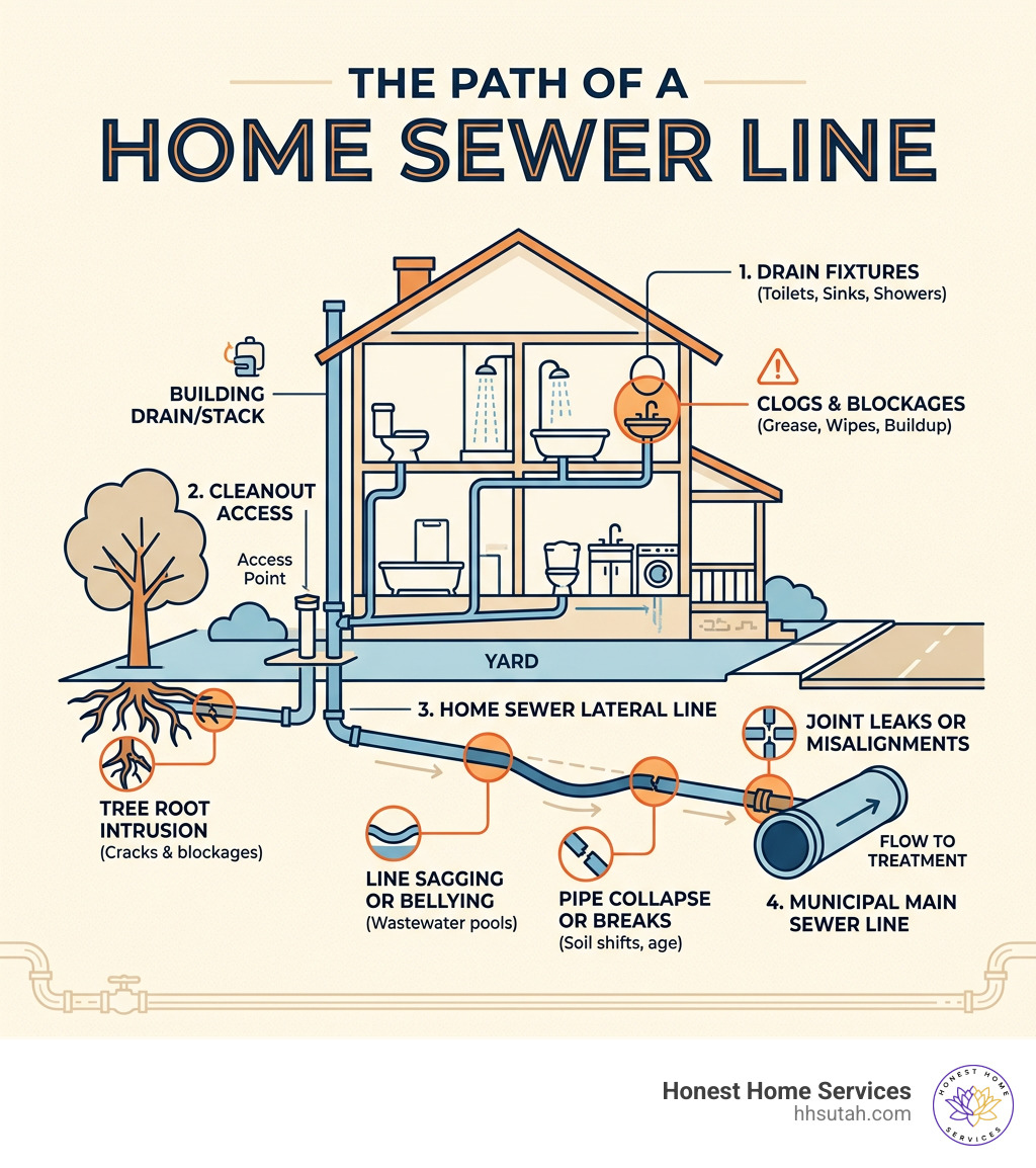Infographic showing path of a home sewer line from drain fixtures to municipal main, with common failure points labeled Infographic showing path of a home sewer line from drain fixtures to municipal main, with common failure points labeled