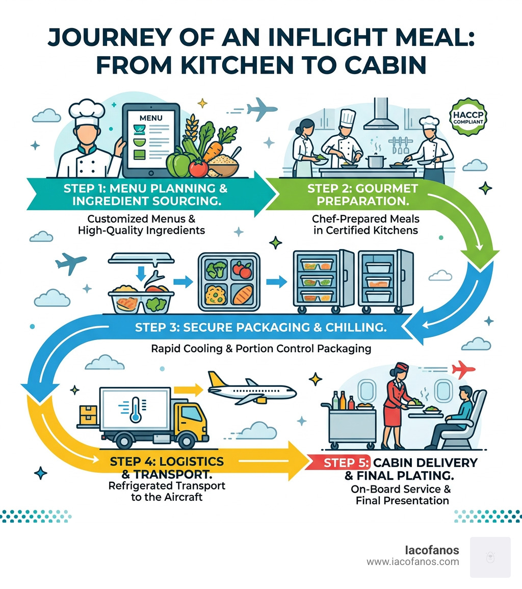 Infographic showing the journey of an inflight meal from kitchen preparation to cabin delivery - Inflight Catering