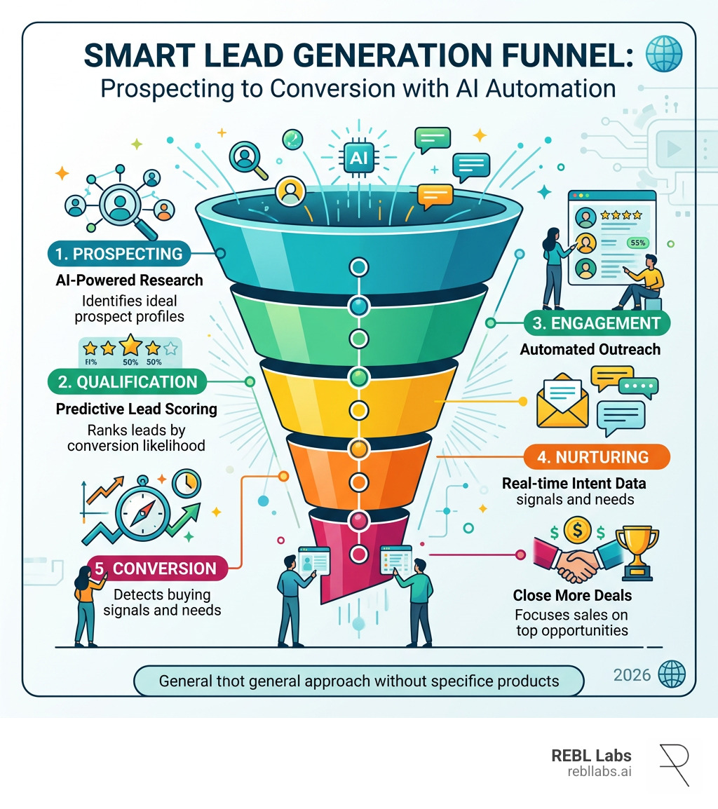 Smart lead generation funnel from prospecting to conversion with AI automation - smart lead generation infographic 