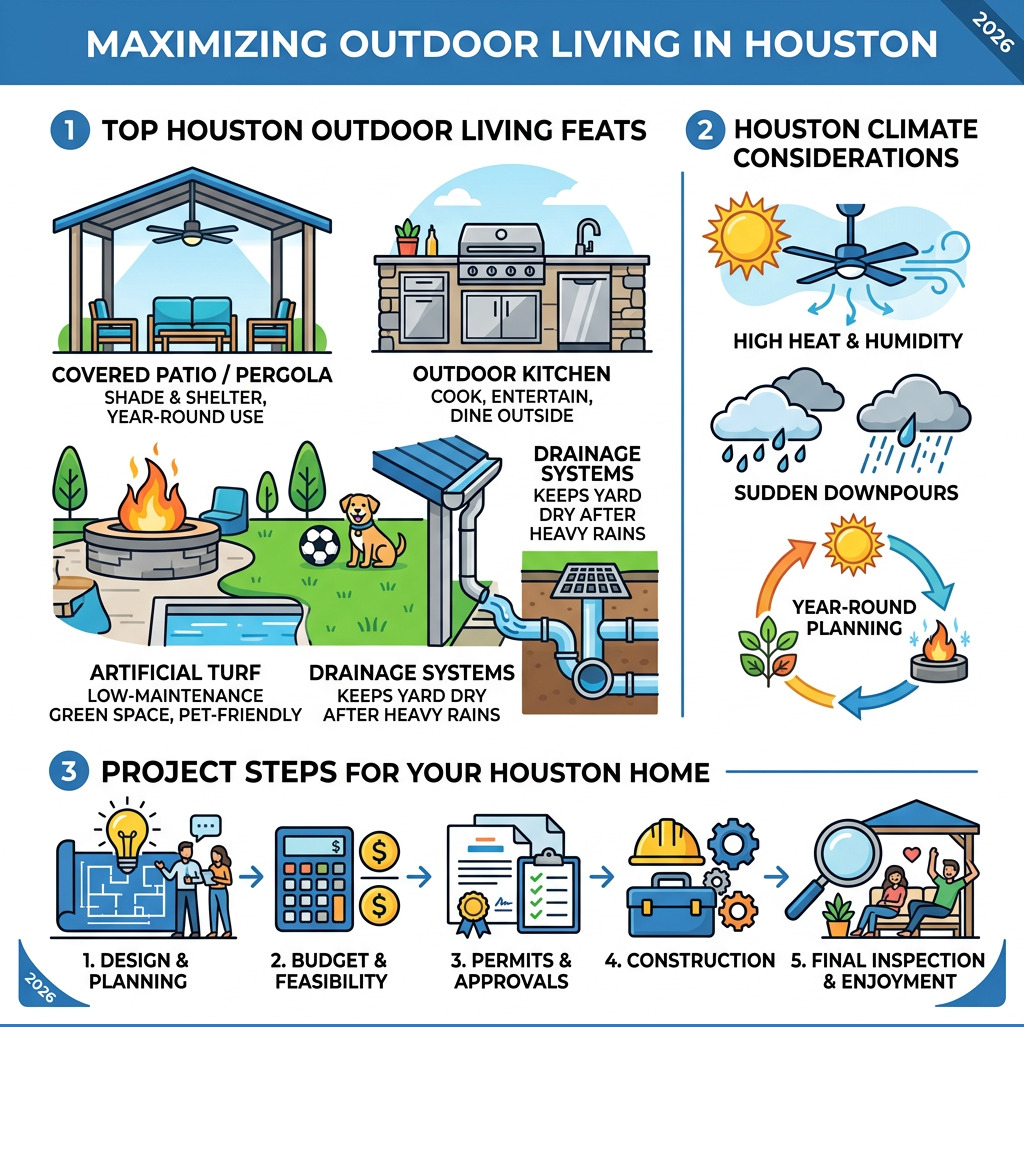 Infographic showing top outdoor living features, climate considerations, and project steps for Houston homeowners - outdoor Infographic showing top outdoor living features, climate considerations, and project steps for Houston homeowners - outdoor