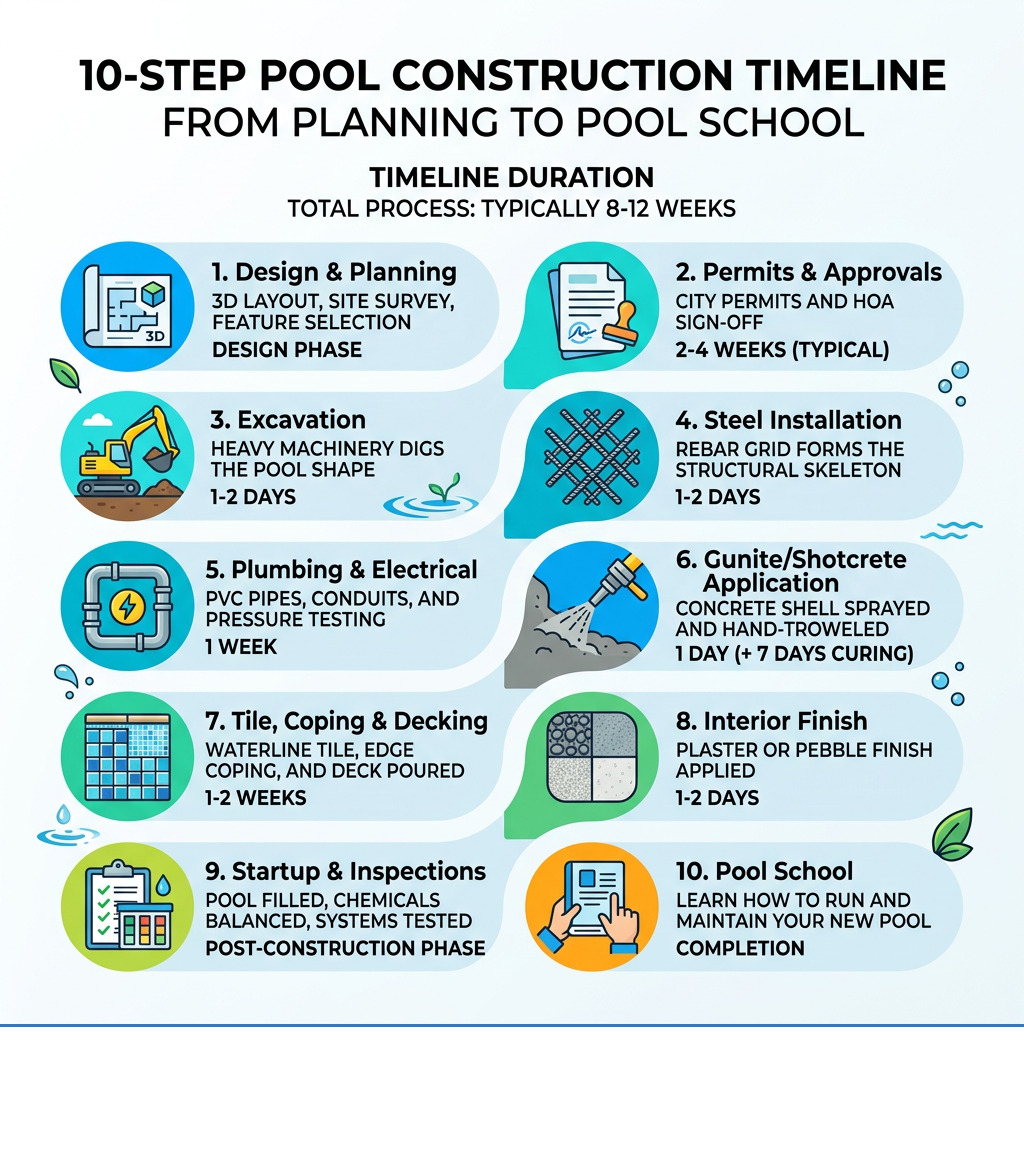 10-step pool construction timeline from planning to pool school with durations - pool construction phases infographic 10-step pool construction timeline from planning to pool school with durations - pool construction phases infographic