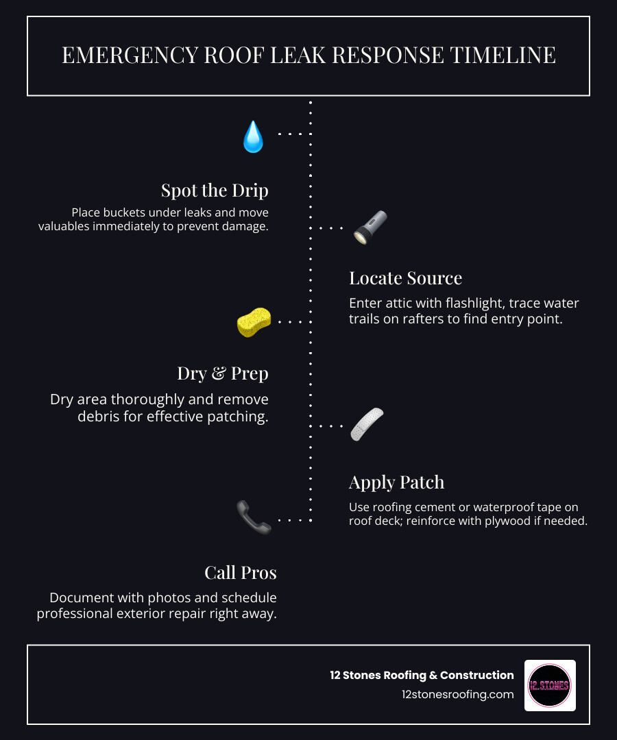 Emergency roof leak response timeline from first drip to professional repair infographic - how to fix a leaking roof from